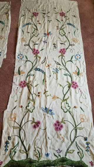Antique Vtg Crewel Embroidered Curtains Drapes Linen Fabric Moth Floral Wool