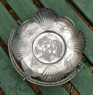 Aesthetic Movement Swing Handle Siver Plate Pewter Basket Butterfly Carnations