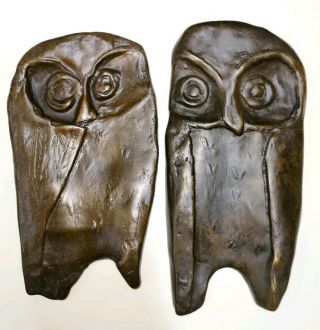 Unusual Arts And Crafts Beaten Metal Molten Bronze Flat Owl Statues Figurines