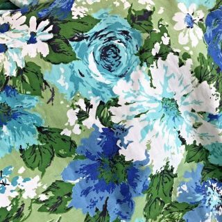 Vintage Drapes Pinch Pleated Blue Green Floral Flower Mod 2 Panels