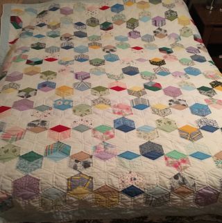 Vintage Tumbling Block Star Quilt Cotton Fabric Hand Quilted 85” X 75”