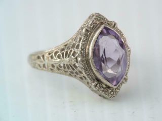 Antique Art Deco 14k Solid White Gold Filigree Faceted Amethyst Ring Gorgeous