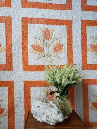 Sweet Oranges Expert Quilting Vintage 30s Applique Tulip Quilt Cottage 79x73