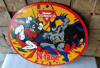 Vintage Batman Robin Porcelain Comic Conoco Gasoline Ad Service Pump Plate Sign