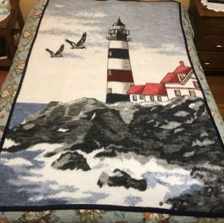 Biederlack Of America Throw Blanket Lighthouse Seaside Reversi 54”x78 " Plush