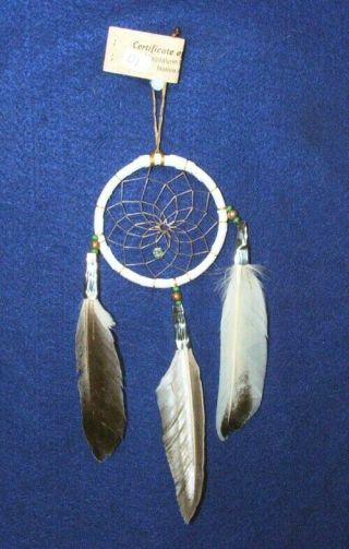Authentic Native American Dreamcatcher W/ Goose Feathers 3 " Hoop White 01