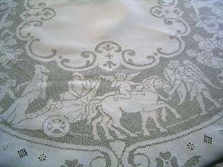 Antique Figural Italian Buratto 68 " - 70 " Round Tablecloth " Angels & Chariots "