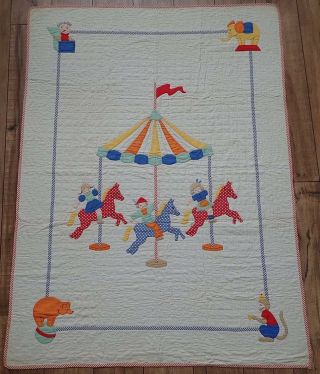 Fabulous Vintage Applique Circus Carousel Merry Go Round Baby Crib Quilt