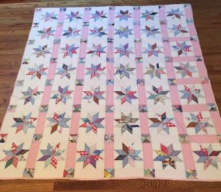 Vintage Feedsack Quilt 8 Point Star Hand Quilted 64”x74” 1930,