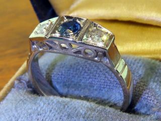 Vintage Palladium Art Deco Ceylon Sapphire Diamond Filigree Earrings Ring Set M