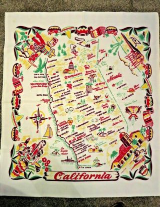 Vintage California Souvenir Map Tablecloth 37 " X 37 " Novelty Sw Mexican Boarder