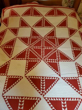 Magnificent Antique Vintage Red And White Star Quilt Expertly Hand Stitched Wow
