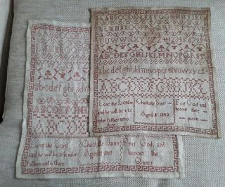 Rare 19th Century Antique English Red Work Samplers Dated 1840 And 1863