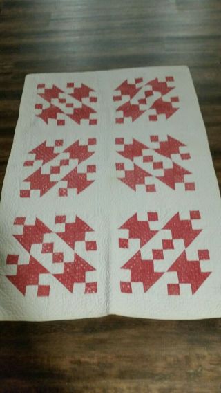 Early Old Worn Antique Red And White Crib Size Quilt.  Aafa.