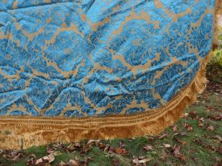 Vintage Brocade Jacquard Bedspread Reversible Mcm Fringe Cotton Aqua Blue Gold