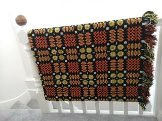Vintage Welsh Wool Tapestry Blanket Woollen Orange Black Yellow Large 92 " X 85 "