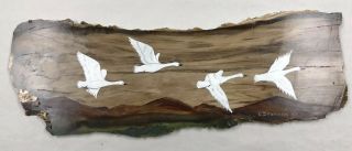 Hand - Painted Flying Snow Geese Scene On Petrified Wood Slab 14” Long