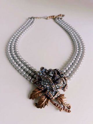 Heidi Daus Breathtaking Vtg Blue - Grey Pearl & Multi - Gem Blue Rose Necklace -