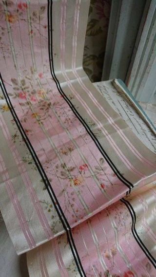 Sweet Morceau Antique French Wide Silk Ribbon Pink Stripe Roses C1880