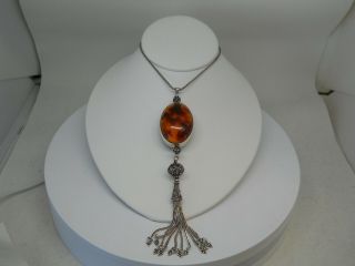 Vintage Large Oval Amber Pendant With Sterling Silver 24 " Chain