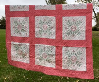Vintage Hand Made Quilt Pink Embroidered Floral 66x86 Reversible Bedspread Cover