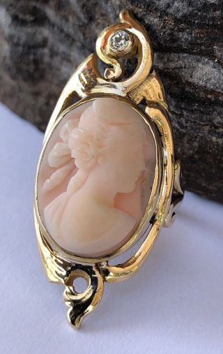 Antique Art Nouveau 14k Yellow Gold Carved Angel Skin Coral Cameo & Diamond Ring
