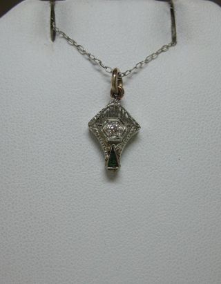 Art Deco Diamond Emerald Pendant Necklace 14k White Gold 1900 Edwardian Wedding