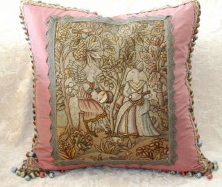 19th C Antique Needlepoint Tapestry Woolwork Musicians Animals Pillow Sampler