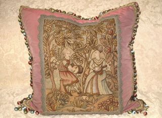 19TH c ANTIQUE NEEDLEPOINT TAPESTRY WOOLWORK MUSICIANS ANIMALS PILLOW SAMPLER 3