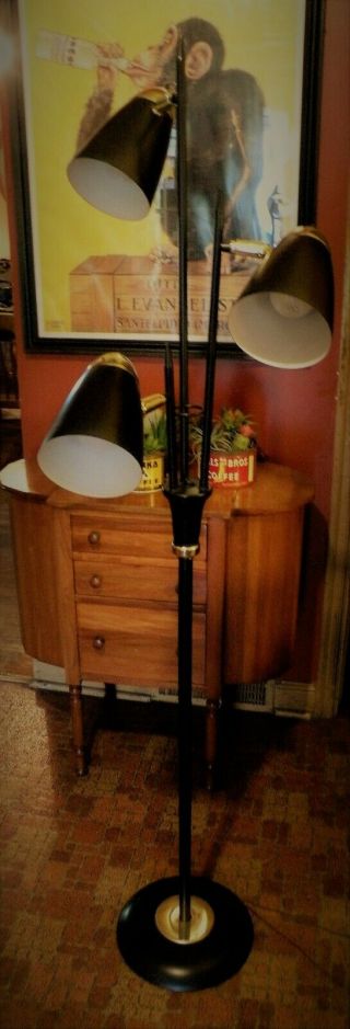 Mid Century Modern Pole Floor Lamp Vintage Eames Era 3 Lamp Black Cones