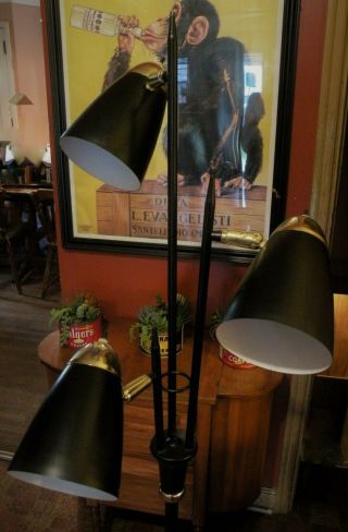 Mid Century Modern Pole Floor Lamp vintage Eames era 3 lamp black cones 2