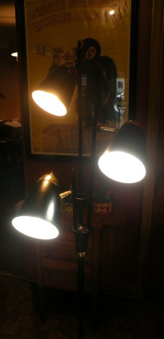 Mid Century Modern Pole Floor Lamp vintage Eames era 3 lamp black cones 3