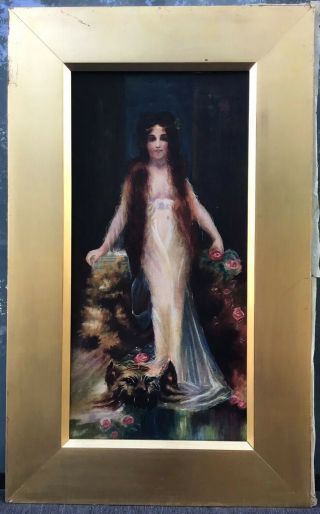Antique Art Nouveau Semi Nude Goddess & Lion Pastel Lady Portrait Old Painting