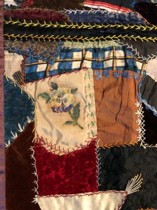 Antique Embroidered Hand Painted Flowers Velvets & Silks Crazy Quilt 51 By 54