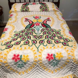 Double Peacock - Heart Vintage Chenille Bedspread - Multi Colored Plush On White