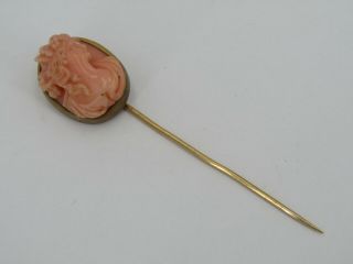 Vintage 14k Yellow Gold Coral Carved Cameo Stick Pin