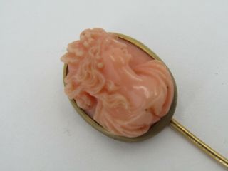 Vintage 14k Yellow Gold Coral Carved Cameo Stick Pin 2