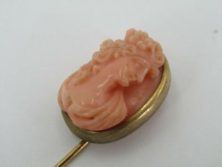 Vintage 14k Yellow Gold Coral Carved Cameo Stick Pin 3