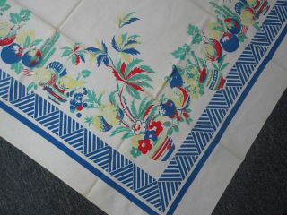 Vintage Blue & White Cotton Kitchen Tablecloth W Colorful Tropical Fruit 51x49