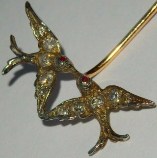 Victorian Diamond And Ruby Set Double Swallow Stickpin Circa 1880