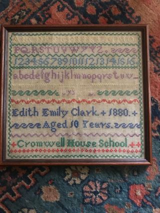 Antique Needlework Sampler,  Dated 1880 By Emily Clark Cromwell House School