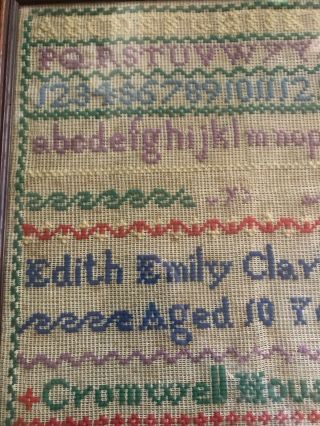 ANTIQUE NEEDLEWORK SAMPLER,  DATED 1880 BY Emily Clark Cromwell House School 2