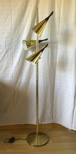 Vintage Mid Century Modern 60s Teak & Brass Perforated 3 Cone Floor Lamp