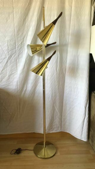 Vintage Mid Century Modern 60s Teak & Brass Perforated 3 Cone Floor Lamp 2
