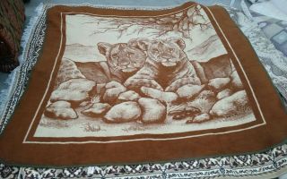 Vg Vintage Cond San Marcos Blanket Lion Cubs Brown 80 " X78 "