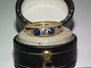 , C1900 Solid 750 18ct Gold Natural Diamond & Sapphire 5 Stone Ring