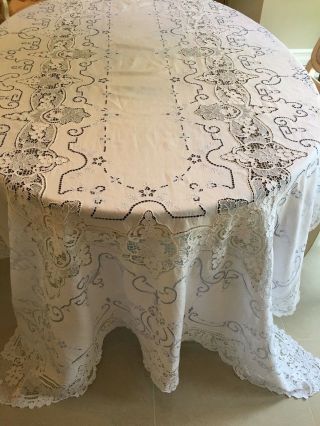 Vtg.  Large Handmade Needle Lace And Embroidered Tablecloth 120 " X70 " W/12 Napkins