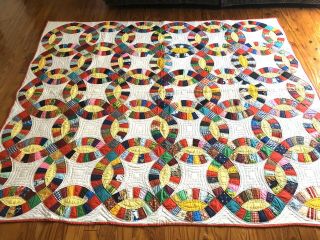 @@nice - Vintage Handmade Double Weeding Ring Quilt 74 " X 86 " - Multi Colored@@