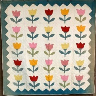 Pa Dutch C 1900 - 20s Tulips Red Cheddar Quilt Antique " In The Garden " Applique