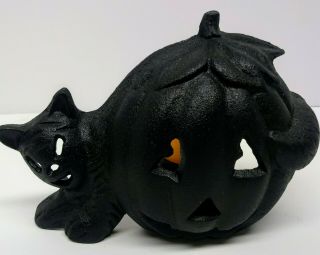 Vintage Cast Iron Black Cat With Pumpkin Candle Holder Halloween Decor